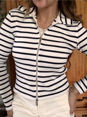 Madewell White & Navy Striped Zip-Up Hoodie